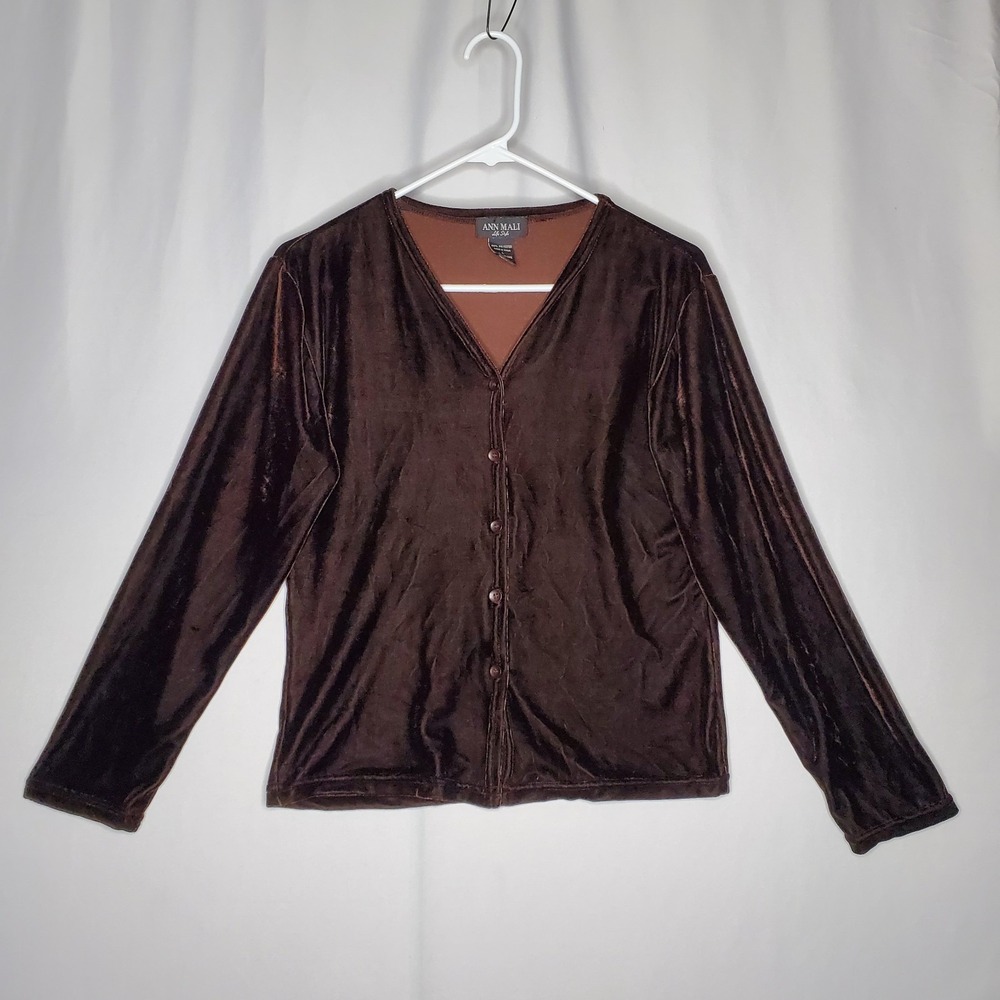 Ann Mali Brown Velvet Button Cardigan Top Women Large‎ Stretch Fairy Luxury 90s